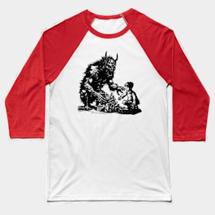 Krampus Delivers The Presents -  Woodcut Printed Christmas Illustration Baseball T-Shirt